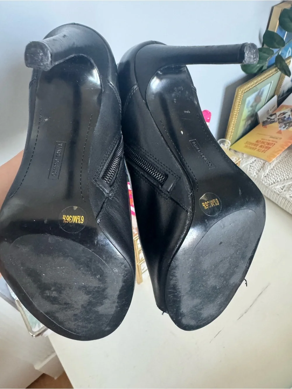 Vince Camuto Kammie Black Peep-Toe Ankle Booties with Front Zipper & Buckles